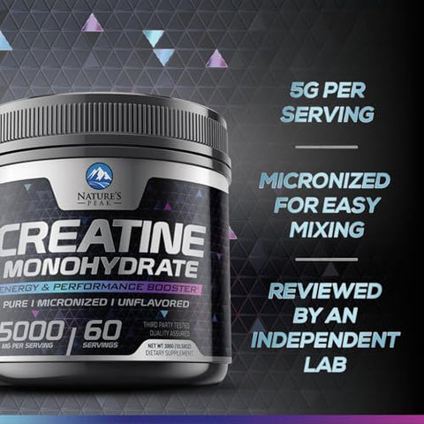 Nature's Peak - Creatina em Pó Pura 5000mg (5g) – Pré-Treino de Creatina Monohidratada Micronizada sem Sabor, Amigável ao Keto – Suporte para o Crescimento Muscular