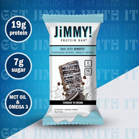 JIMMYBAR - JiMMY’S! Barra de Proteína Funcional – Cookies and Cream – 12 Unidades – 18g Proteína com Cafeína, Ômega 3 e Óleos MCT – Baixo teor de açúcar, sem glúten, Energizante