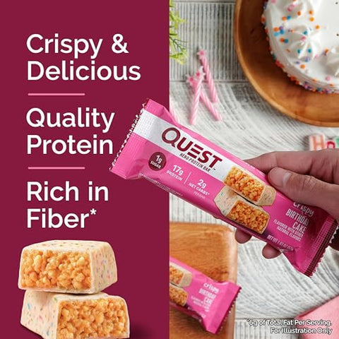 Barra de Proteína Quest Nutrition Crispy Birthday Cake – 17g Proteína, 1g Açúcar, 2g Carboidratos Líquidos, Snack Proteico Sem Glúten, Amigo da Dieta Keto, 12 Unidades