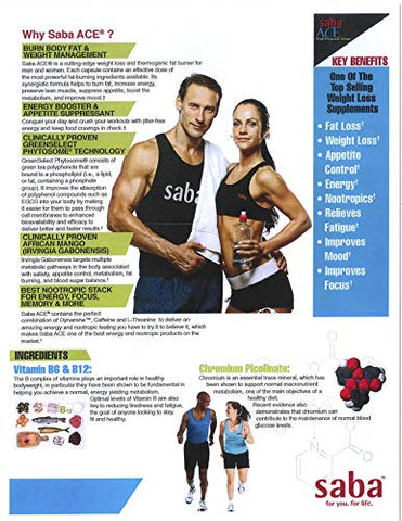 ACE™ – Gerenciamento de Peso, Supressão de Apetite, Aumento de Energia, Melhora do Humor, Aceleração do Metabolismo e Melhoria do Desempenho Geral – para Mulheres e Homens – 60 Cápsulas - Saba