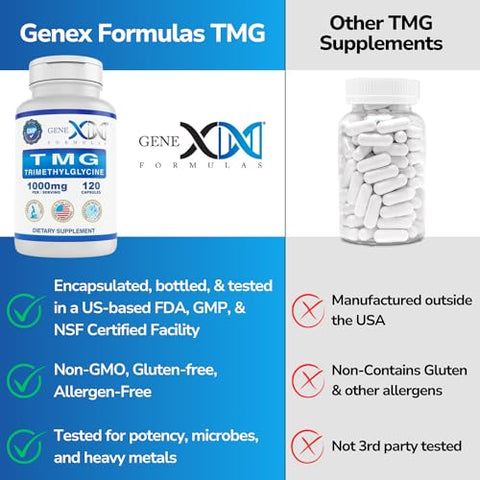 Genex Formulas - GENEX 1000mg TMG – 120 Cápsulas – Betaina Anidra Trimetilglicina 1000mg – Suplemento para o Fígado – Níveis Saudáveis de Homocisteína – Livre de Glúten