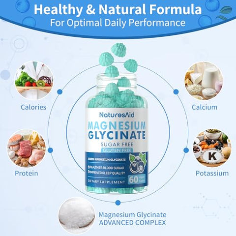 Natures Aid - Gomas de Magnésio Glicinato 1000mg – Sem Açúcar, Suplemento de Magnésio Potássio com Vitamina D, B6, CoQ10 para Calma e Bem-Estar
