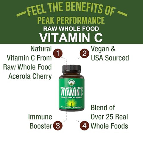 Cápsulas de Vitamina C Natural de Acerola para Máxima Absorção. Suplemento Vegano de Vitamina C dos EUA. 90 Comprimidos. 500 mg por Porção ou 2 Porções - Peak Performance