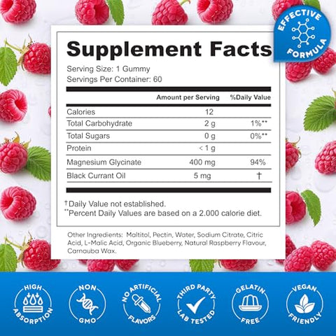 Purawex - Magnésio Glicinato Gomas 400mg, Alta Absorção, Suporte ao Corpo, Energia, Sem Gelatina, Vegano, Não Transgênico, 60 Dias, Óleo de Groselha Negra
