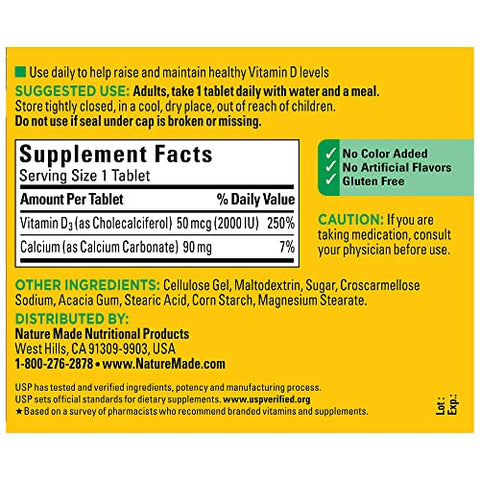 Vitamina D3 2000 UI (50 mcg), Suplemento para Saúde Óssea, Dental, Muscular e Imunológica, 220 Comprimidos, Fornecimento de 220 Dias - Nature Made