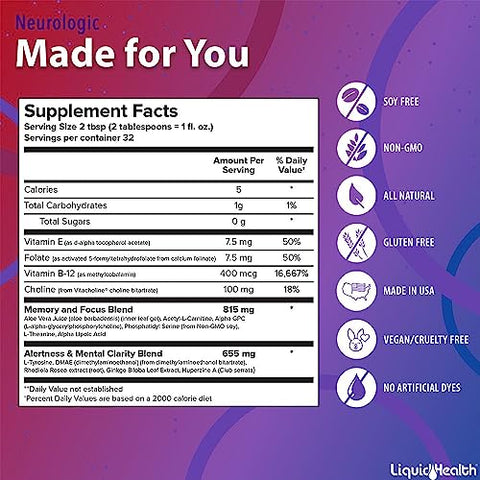 32 Oz Suplemento Líquido Neurologic Focus, Nootrópico para Função Cognitiva, Suplemento Cerebral para Memória – 32 Oz convertido para 946 ml - LIQUIDHEALTH