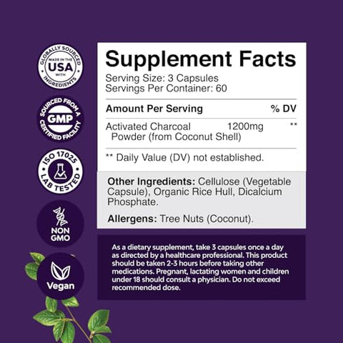 Natures Craft - Cápsulas de Carvão Ativado para Limpeza e Desintoxicação – Pílulas Detox Purificadoras 1200mg Pó de Carvão de Coco – Alívio Inchaço e Limpeza do Corpo – Ativo