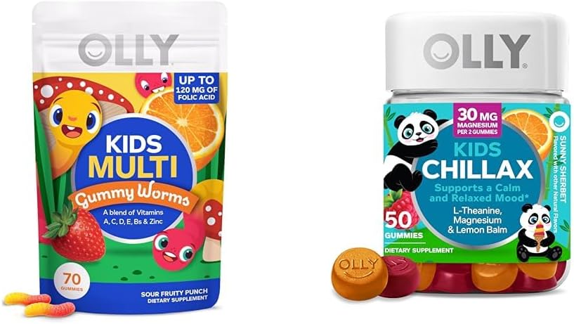 Kids Multivitamin Gummy Worms 70 Unidades e Chillax Gummies de Magnésio 50 Unidades – Pacote Promocional - OLLY