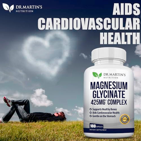 DR. MARTIN'S NUTRITION - Premium Magnesium Glycinate 425mg – 180 Cápsulas Veganas – Auxilia no Alívio do Estresse, Sono e Cãibras Musculares