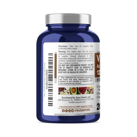 Vitamina K2 MK7 120 mcg 200 Cápsulas Vegetais (Sem Soja, Não-OGM, Vegano) - NusaPure