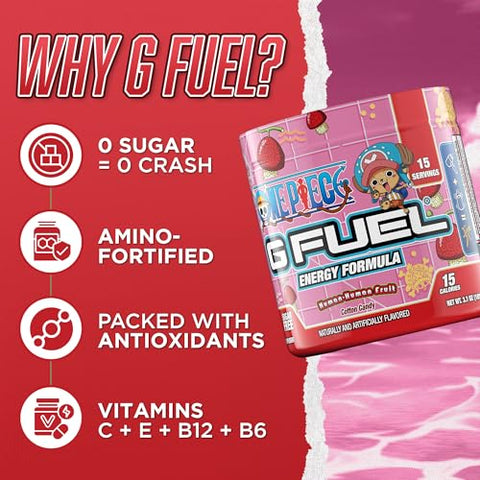 ONE PIECE Fruta Humana-Humana em Pó Energético, Sem Açúcar, Suplemento de Foco com Cafeína Limpa, Mistura para Água, Aminoácidos de Foco, Mistura de Vitaminas Antioxidantes, Algodão Doce, 3.7 oz (15g) - G Fuel