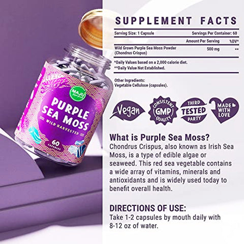 Maju Superfoods - Cápsulas Poderosas de Sea Moss Roxo da MAJU (60 un), Minerais Roxos de Alta Potência, Chondrus Crispus, Mais Forte que Gel, Comparado com Cápsulas de Irish Seamoss Orgânico, Colheita Selvagem