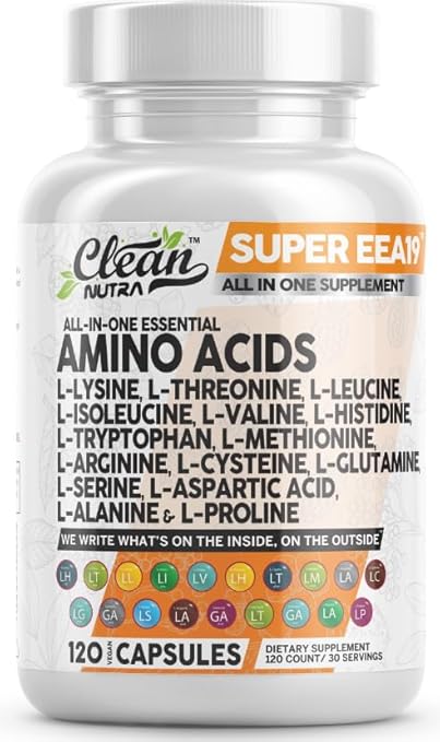 Clean Nutraceuticals - Suplemento de Aminoácidos L-Lisina, L-Treonina, L-Leucina, Isoleucina, Valina, L-Histidina, L-Triptofano, L-Metionina, L-Arginina, L-Cisteína, L-Glutamina, L-Serina, Aspártico