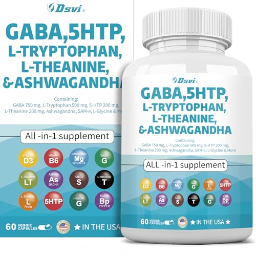 DSVI - 60 Cápsulas GABA 750mg 5 HTP 200mg L Triptofano 500mg L Teanina 200mg Ashwagandha 3000mg SAM-e L-Glicina Vitaminas de Suporte ao Humor para Mulheres e Homens com L-Tirosina Fabricado nos EUA