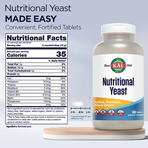 Suplemento de Levedura Nutricional Fortificado com B12, Biotina, Ácido Fólico e Outras Vitaminas do Complexo B, Aminoácidos Naturalmente Presentes, Cabelos e Pele Saudáveis - KAL