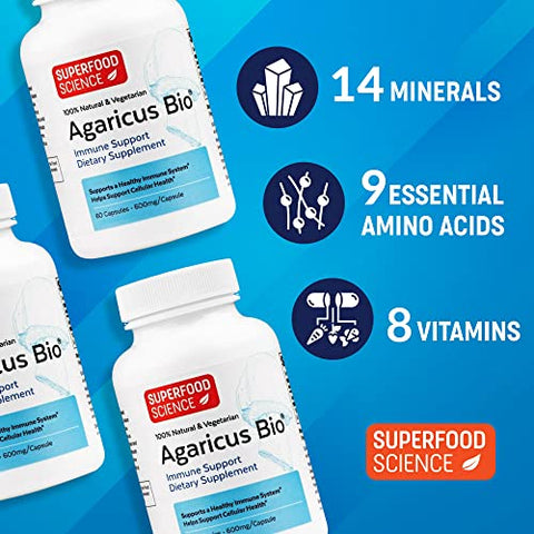 Superfood Science - Agaricus Bio 600 mg – Cápsulas de Agaricus Blazei Murill Orgânico dos EUA para Suporte Imunológico e Hepático