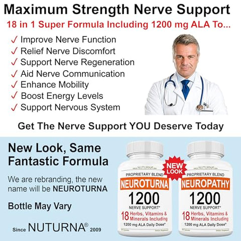 Nuturna - Suplemento de Suporte à Neuropatia com 1200 mg de Ácido Alfa Lipóico Puro – Fórmula de Força Máxima para Fortalecer os Nervos em Dedos, Mãos e Dedos dos Pés