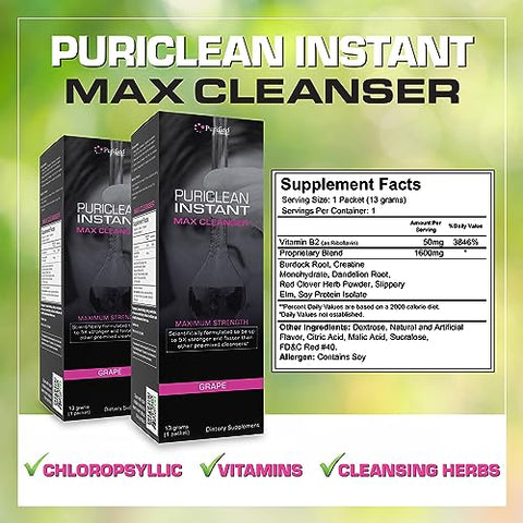 Puriclean Instant MAX Cleaner – Limpeza Instantânea e Completa do Corpo e do Cólon – Desintoxicação Saudável para Álcool e Desintoxicação do Corpo, 5X Mais Forte - Wellgenix