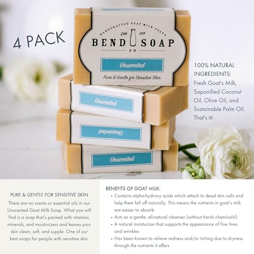 Sabonete de Leite de Cabra 100% Natural da Bend Soap Company – Livre de Parabenos e GMO – Feito à Mão nos EUA – Alivia Pele Rachada, Relaxa e Esfolia – Alívio Geral para Pele Seca (Sem Fragrância, Pacote com 4 unidades)