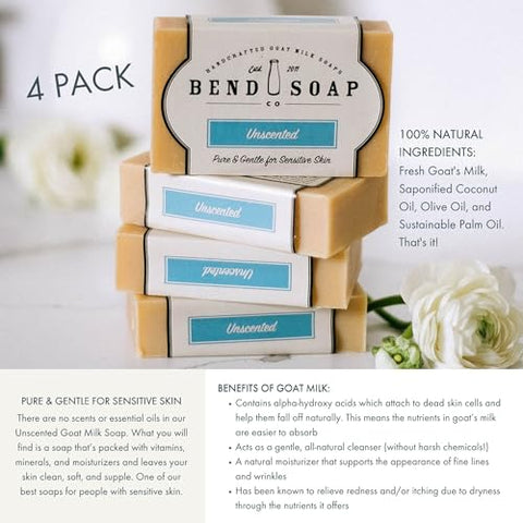 Sabonete de Leite de Cabra 100% Natural da Bend Soap Company – Livre de Parabenos e GMO – Feito à Mão nos EUA – Alivia Pele Rachada, Relaxa e Esfolia – Alívio Geral para Pele Seca (Sem Fragrância, Pacote com 4 unidades)