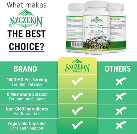 SZCZEKIN - Active Hexose Correlated Compound 1500 mg – Extrato Natural de 8 Cogumelos, Sistema Imunológico, Função Hepática, Atividade de Células Natural Killer e T, 540 Cápsulas Vegetais