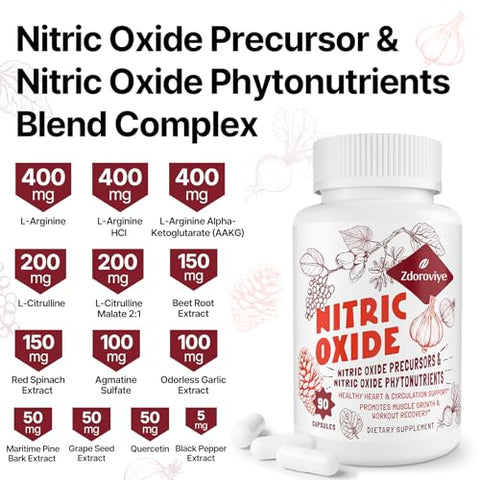 Zdoroviye - Suplemento de Óxido Nítrico para Homens, 2.255mg por Porção, 90 Cápsulas – 13 em 1 com Arginina