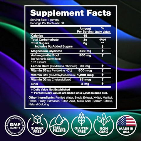 JOYLI Nutrition - Glicinato de Magnésio Gummies – 500MG de Magnésio Glicinato em Comprimidos Mastigáveis para Sono Vitamina B6, B12, D3 – Suplemento de Magnésio para Adultos, Crianças – Magnésio para Mulheres – 60