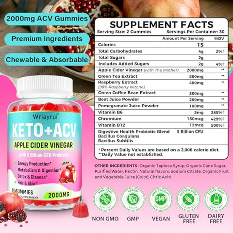 Wriayrui - Gummies de Vinagre de Maçã, Rápido Ripped Keto ACV, Força Máxima 2000mg, com Chá Verde, Probióticos, B6