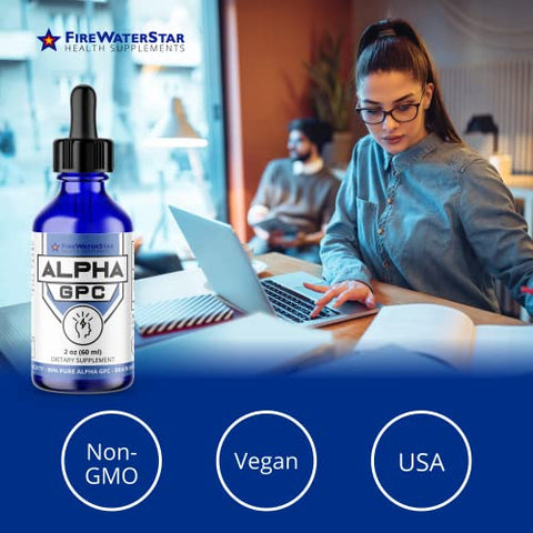FIREWATERSTAR HEALTH SUPPLEMENTS - FWS Alpha GPC Choline – Gotas Líquidas para Memória e Concentração – Suplemento Cerebral de Ação Rápida – 99% Puro L Alpha-GPC – 300mg – 30 Dias de Fornecimento