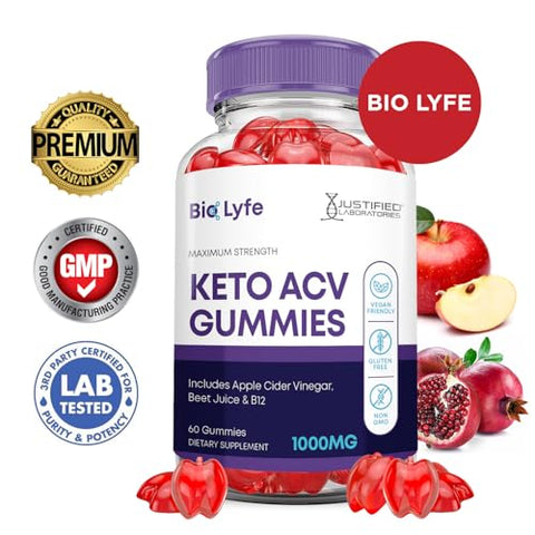 Justified Laboratories - (5 Pacotes) Gomas Bio Lyfe Keto ACV Fórmula Avançada 1000MG Biolyfe Keto Gomas Vinagre de Maçã Formulado com Romã Suco de Beterraba B12 Vegano Não GMO 300 Gomas