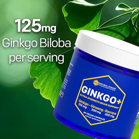 Suplemento de Ginkgo Biloba com Panax Ginseng e Bacopa Monnieri – Foco e Desempenho Mental – Cápsulas de Ginkgo Biloba para Adultos – 60 Cápsulas - NATURAL STACKS