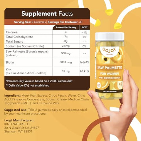GOJOY NATURALS - Gummies de Saw Palmetto – 500mg Saw Palmetto para Mulheres com 5000mcg de Biotina | Marca em Destaque