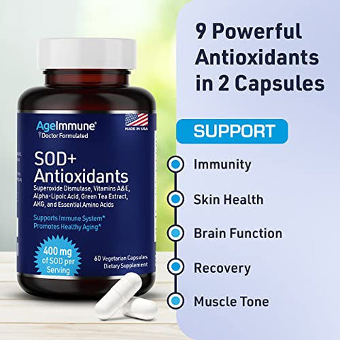 AgeImmune - SOD Complexo Antioxidante para Envelhecimento Saudável – 400mg de Superóxido Dismutase – Ácido Alfa Lipóico – L-Arginina – Lisina – AKG – Vitamina A – Vitamina E para Suporte Imunológico – 60 cápsulas