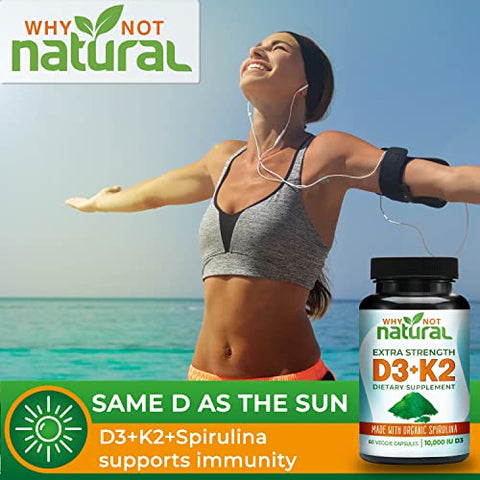 Why Not Natural - Vitamina D3 K2 (MK-7) com Spirulina Orgânica, 10000 UI Suplemento Extra Forte em Cápsulas Vegetais, Suporta Saúde Óssea, Sistema Imunológico e Humor