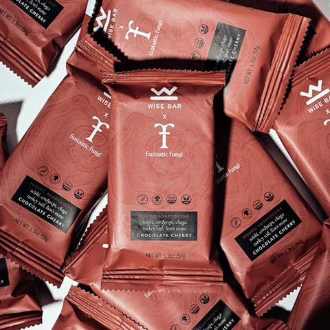 WISE BAR - Barras Nutricionais Wise Bar Adaptogen | Sabor Chocolate Cereja | 12 Unidades | Dose Diária Completa de 3.000mg de Cogumelos Funcionais e Adaptógenos por Barra | Orgânico, Vegano, Sem Glúten | 36g por Barra