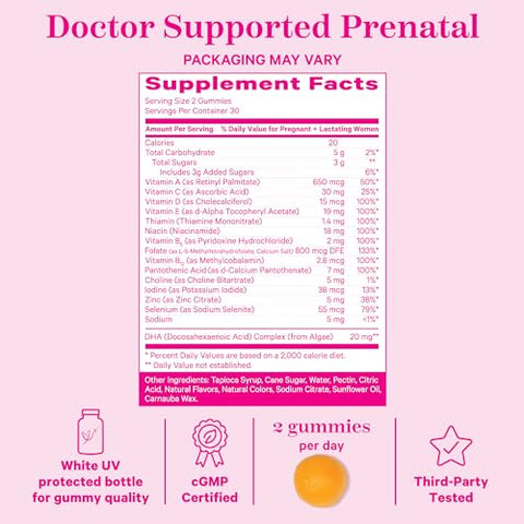 Gomas Premium Pré-natais com DHA, Ácido Fólico e Vitamina D – Multivitamínico e Nutrientes para Desenvolvimento do Tubo Neural e Cérebro Fetal – Essenciais na Gravidez – 60 gomas - Pink Stork