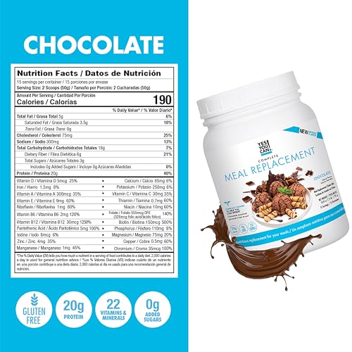 Shake Substituto de Refeição Completo – 15 Porções, 20g de Proteína, 0g de Açúcares Adicionados, 21 Vitaminas e Minerais – Shake Nutritivo Tudo-em-Um (Chocolate) - Yes You Can!