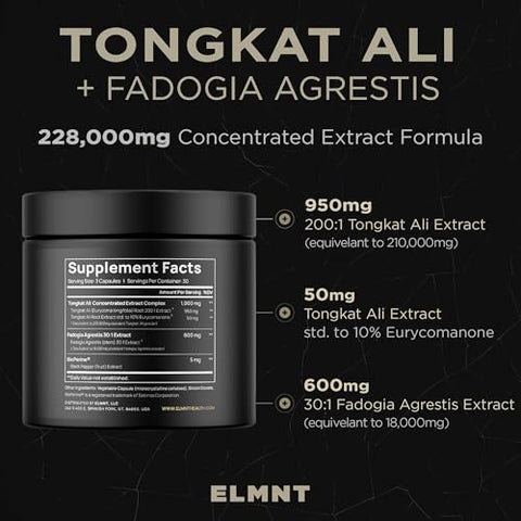 TERRA ELMNT - Tongkat Ali 200x Força 228.000mg p/ Homens c/ Extrato de Fadogia Agrestis 30x – 10% Eurycomanone – Potência Máxima Longjack Fadogia Agrestis Tongkat Ali – Crescimento Muscular