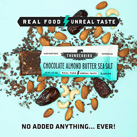 Thunderbird Energetica - Thunderbird Bars – Snack Energético, Sem Glúten com Proteína, Alimento Real Saudável, Vegano Paleo Não-OGM, Sem Açúcar Adicionado, Sabor Manteiga de Amêndoa com Chocolate e Sal Marinho (6 Unidades, 48g cada)