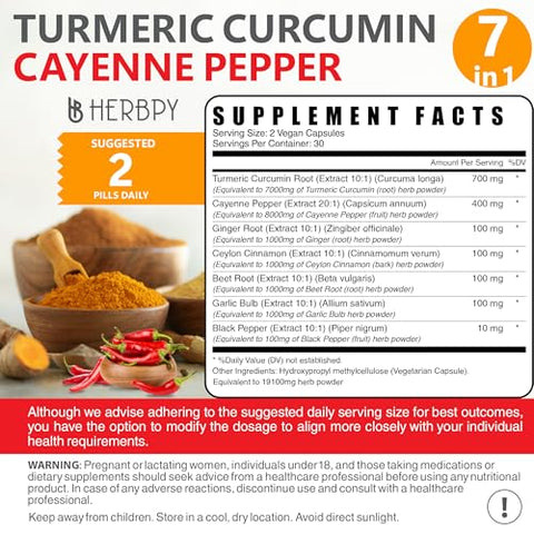 Herbpy - 2 Embalagens de Cúrcuma Curcumina com Pimenta Caiena 7 em 1 – Saúde das Articulações, Digestão, Sistema Imunológico, Cérebro