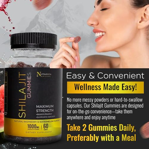NUTRAONDA - Gummies Premium Shilajit 60 Unidades – 1000mg Puro Himalaia Shilajit para Homens e Mulheres – Gummies de Alta Potência para Aumento de Energia