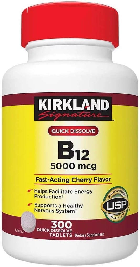 KKLD - Kir-kland Suplemento de Vitamina B12, Sabor Cereja, 300 Comprimidos – Energia para o Corpo (1 Pacote)