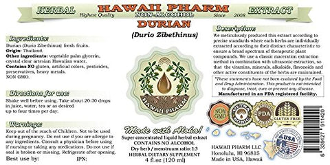 Durian Extrato Líquido Sem Álcool, Glicerito de Fruta Fresca de Durian (Durio Zibethinus) Hawaii Pharm Suplemento Herbal Natural 120 ml
