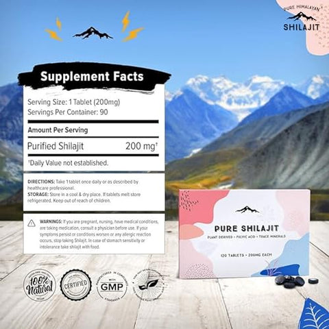 Pure Himalayan Shilajit - Shilajit Seco Puro do Himalaia em Gotas (90 Comprimidos – 200mg Cada) Máxima Potência de Shilajit Puro para Homens com 85 Minerais Traços