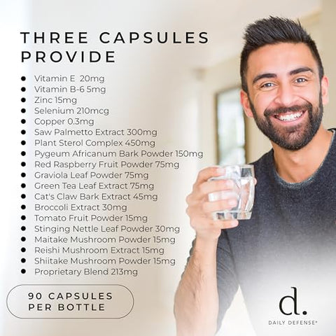 Daily Defense - Suplementos para Saúde da Próstata para Homens – Com Pó de Saw Palmetto, Vitamina E, Zinco, Cogumelos, Semente de Abóbora – Suporte Dietético para Próstata, 90 Ct