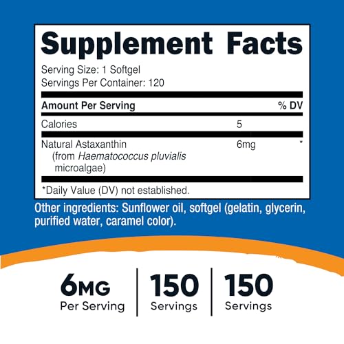Astaxantina 6mg, Sem GMO e Sem Glúten, 120 Softgels (4 Meses de Fornecimento) - Nutricost