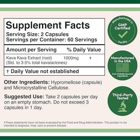 Double Wood Supplements - Cápsulas de Kava Kava 1.000mg por Porção, 120 Unidades (Extrato de Raiz de Kava Potente com 3-5%% de Kavalactonas) Extrato de Raiz de Kava em Pó para Relaxamento (Sem OGM, Adequado para Veganos) por Double Wood