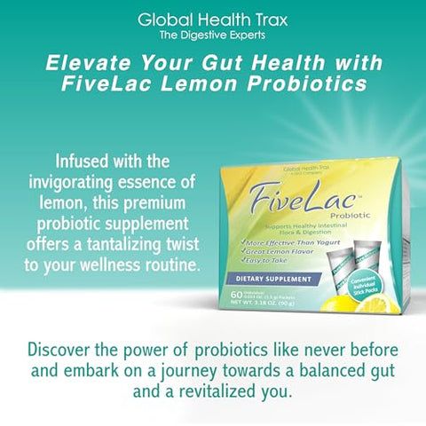 Global Health Trax - GHT – FiveLac Limão Pó Probiótico para Bebida, Probióticos para Mulheres, Homens e Crianças – Suporte Digestivo Suave e Eliminação – Alivia Constipação e Gases Ocasionais – 60g