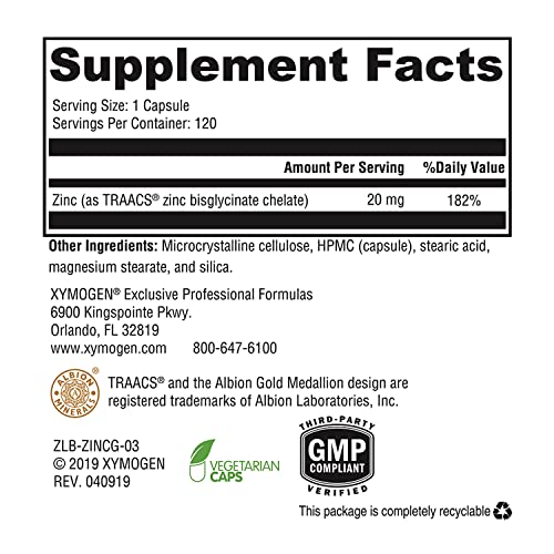 Zinc Glycinate – 20mg Quelato de Zinco – Bisglicinato de Zinco Quelato para Absorção Aprimorada – Suplemento Mineral para Suporte Imunológico Reprodutivo (120 Vegan Zinc) - XYMOGEN