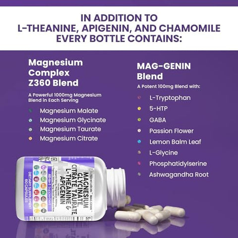 Clean Nutraceuticals - Magnésio Glicinato Complexo 1000mg com L-Teanina 200mg Apigenina 50mg Citrato de Taurato – 5-HTP GABA Flor de Maracujá Melissa L-Glicina Fosfatidilserina Ashwagandha